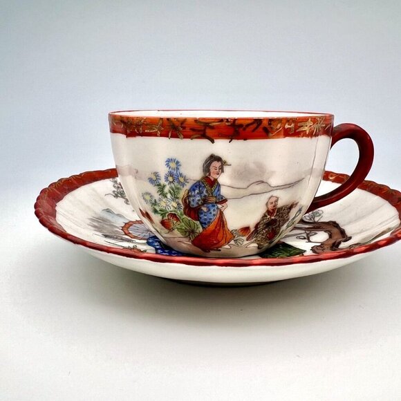 Antique Japanese Kutani Porcelain Teacup & Saucer Set Hand-Painted - Picture 2 of 11